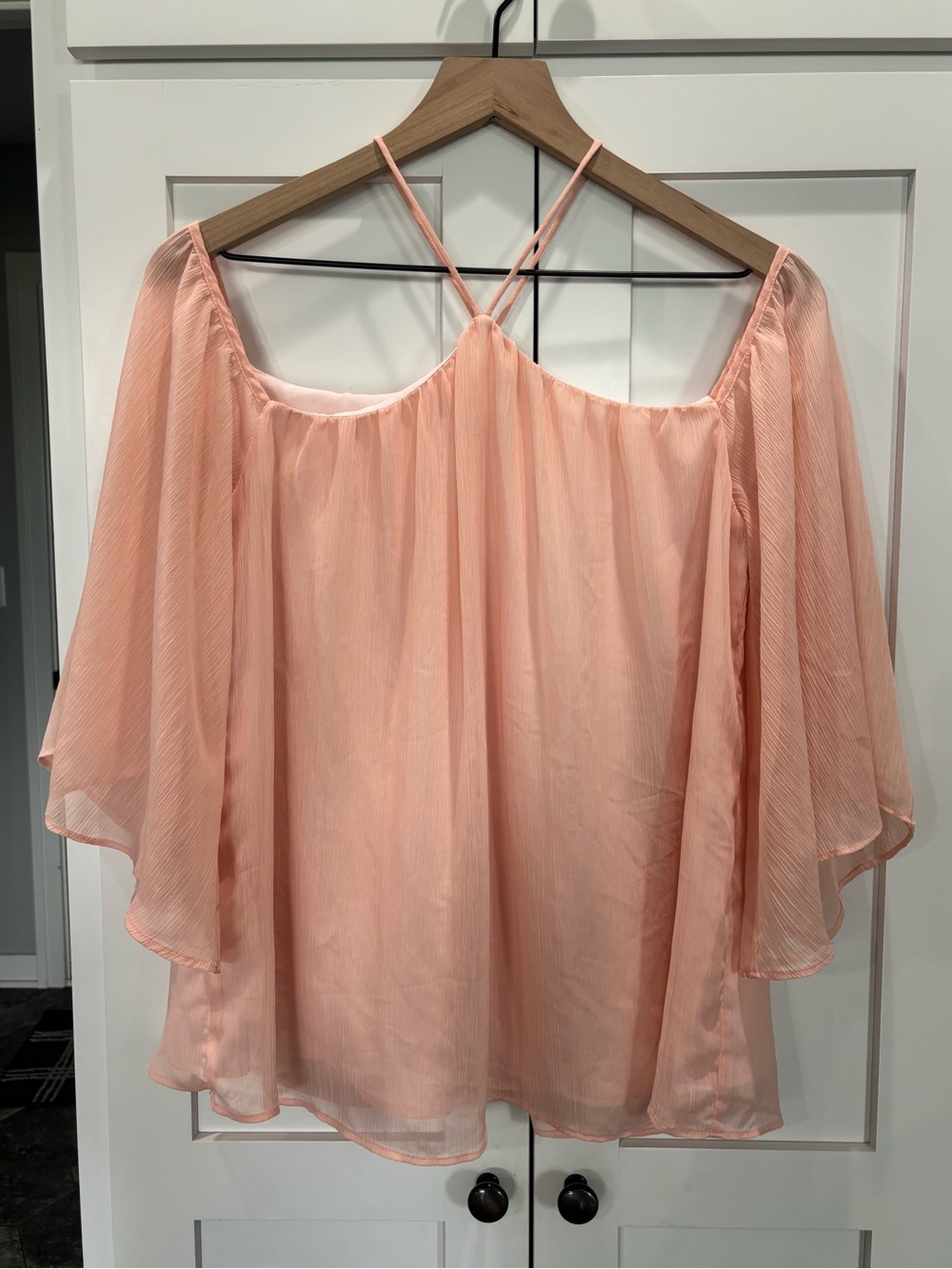Lovers + Friends XS Peach‎ Off-Shoulder Chiffon Flowy Blouse Flutter Sleeve Pink